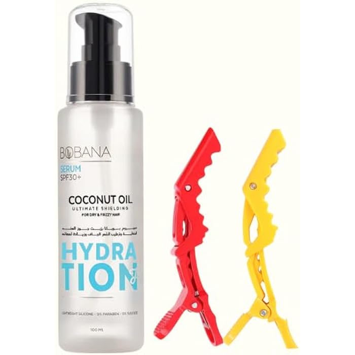 Bobana Coconut Oil Serum for Dry Hair 100ml with 2 Hair Clips Multi-Colour, SPF30 Protection - Image 1